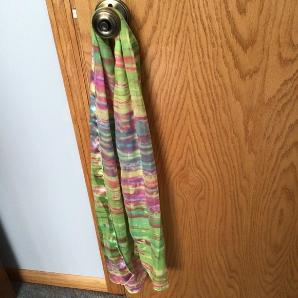 Multi-color pastel silk-feel scarf; green, pink, purple, blue and yellow - Picture 2 of 4